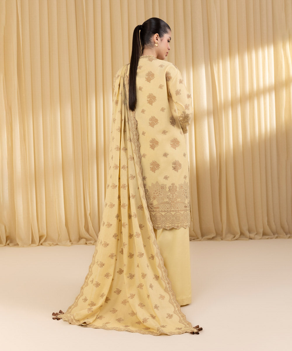 Unstitched Women's Yellow Extra Weft Jacquard 3 Piece Suit