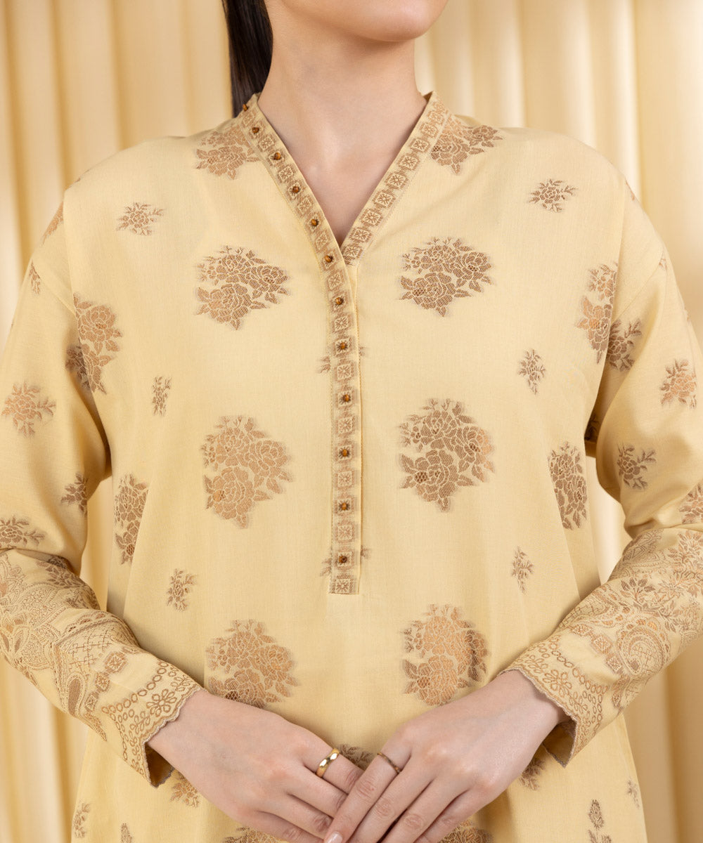 Unstitched Women's Yellow Extra Weft Jacquard 3 Piece Suit