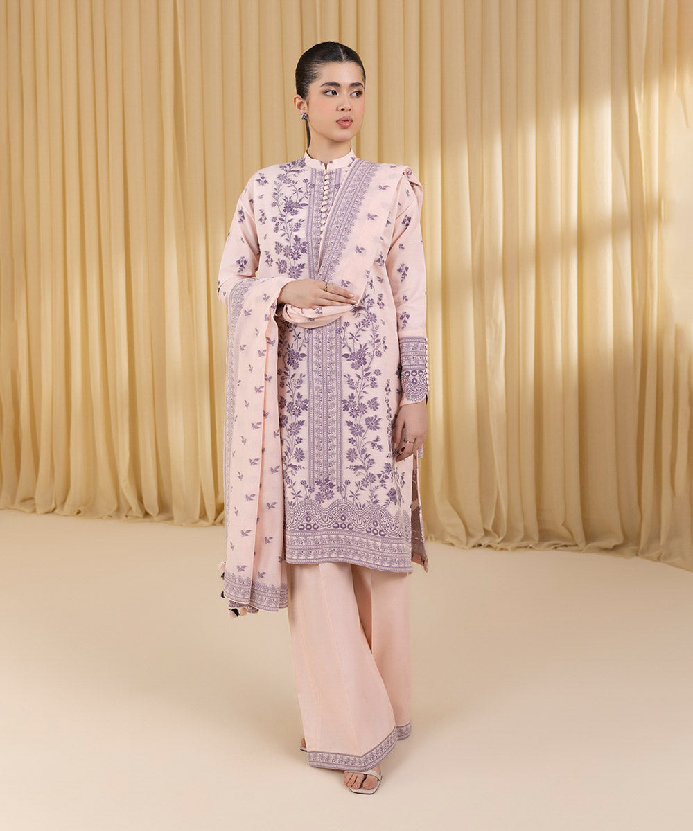 Unstitched Women's Pink Extra Weft Jacquard 3 Piece Suit
