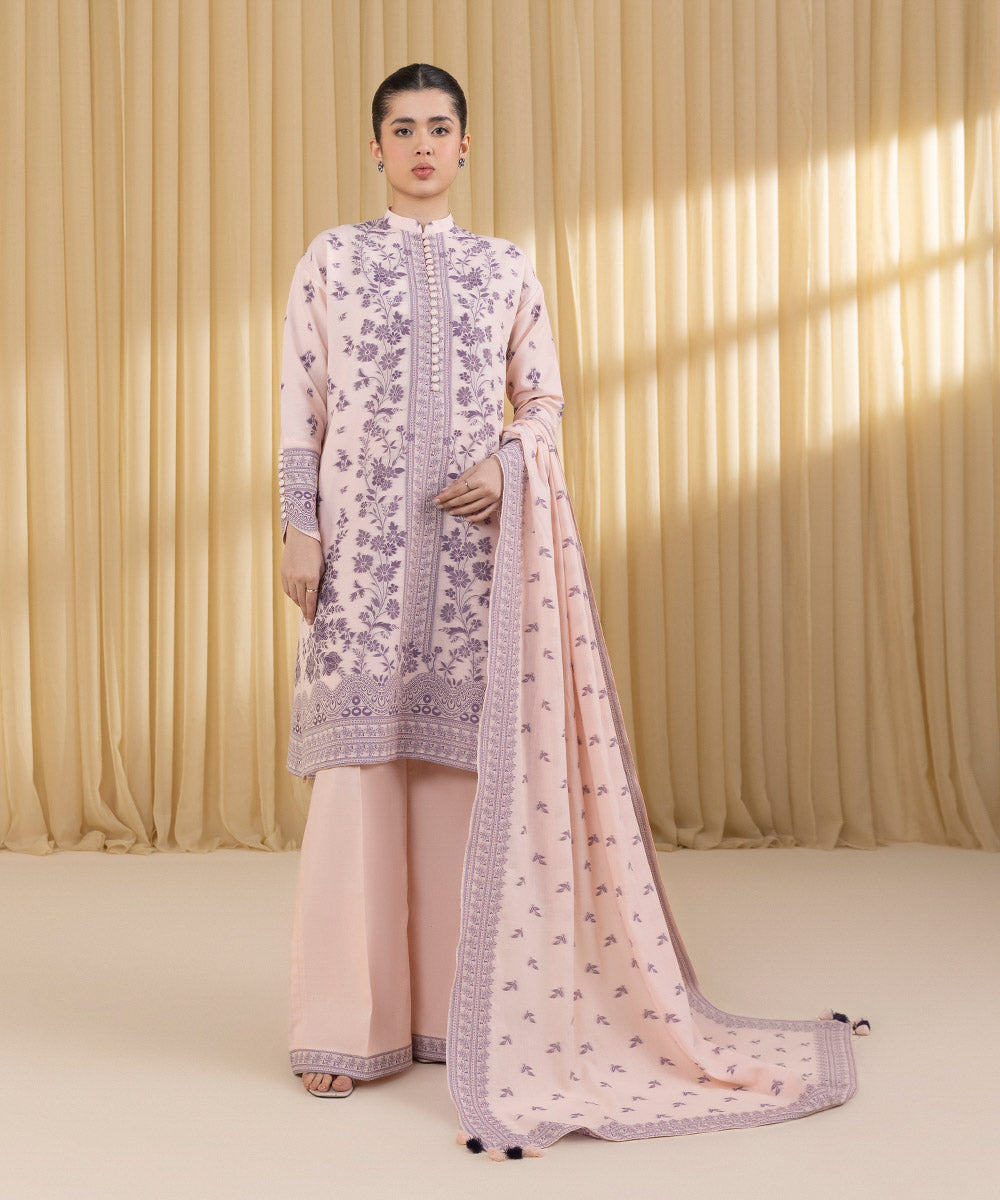 Unstitched Women's Pink Extra Weft Jacquard 3 Piece Suit
