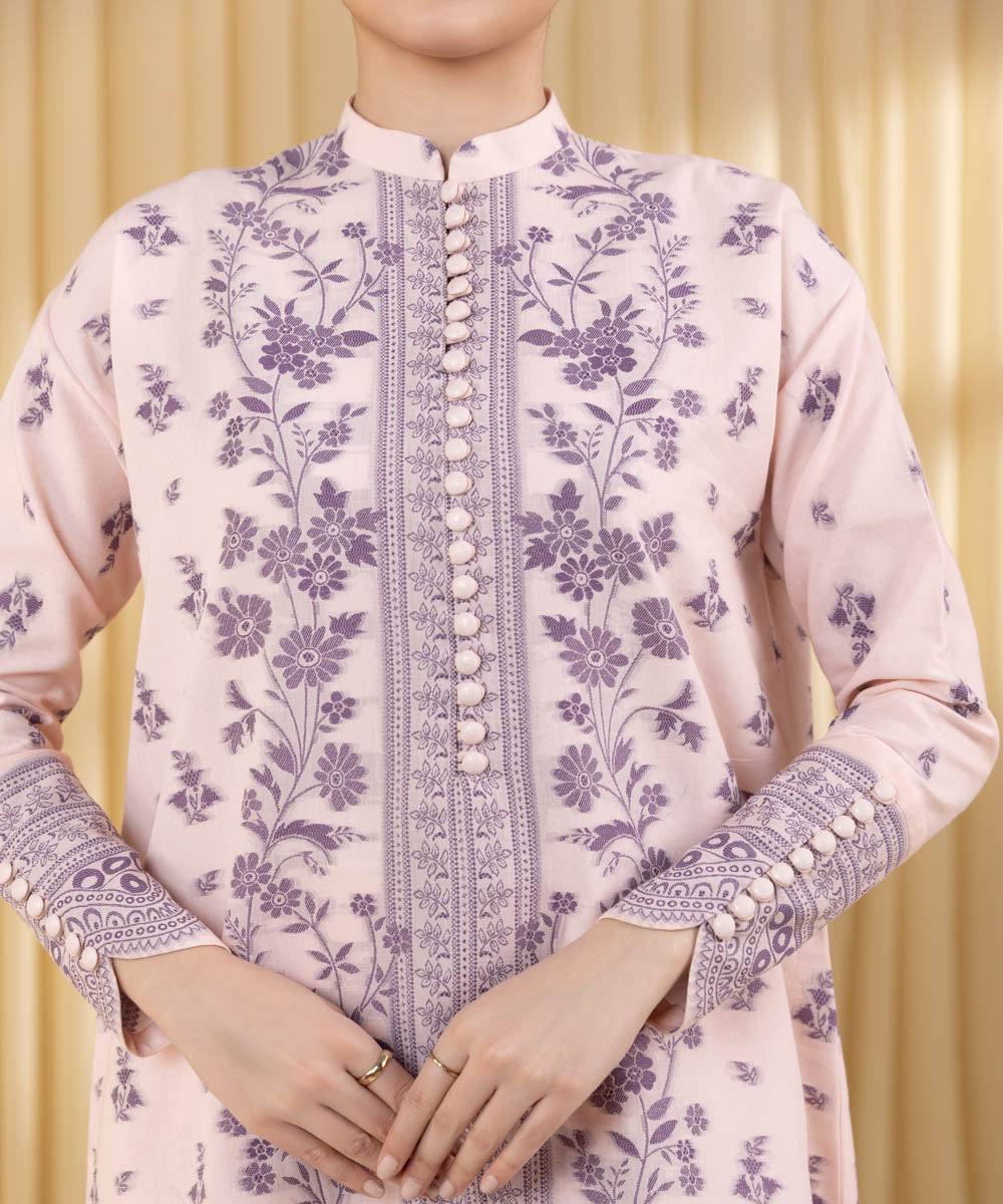 Unstitched Women's Pink Extra Weft Jacquard 3 Piece Suit