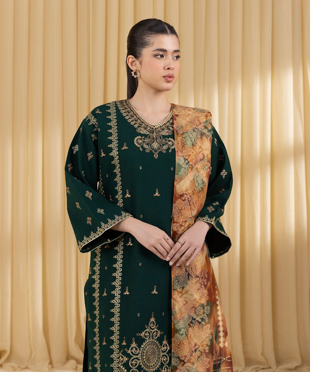 Unstitched Women's Green Dobby 3 Piece Suit