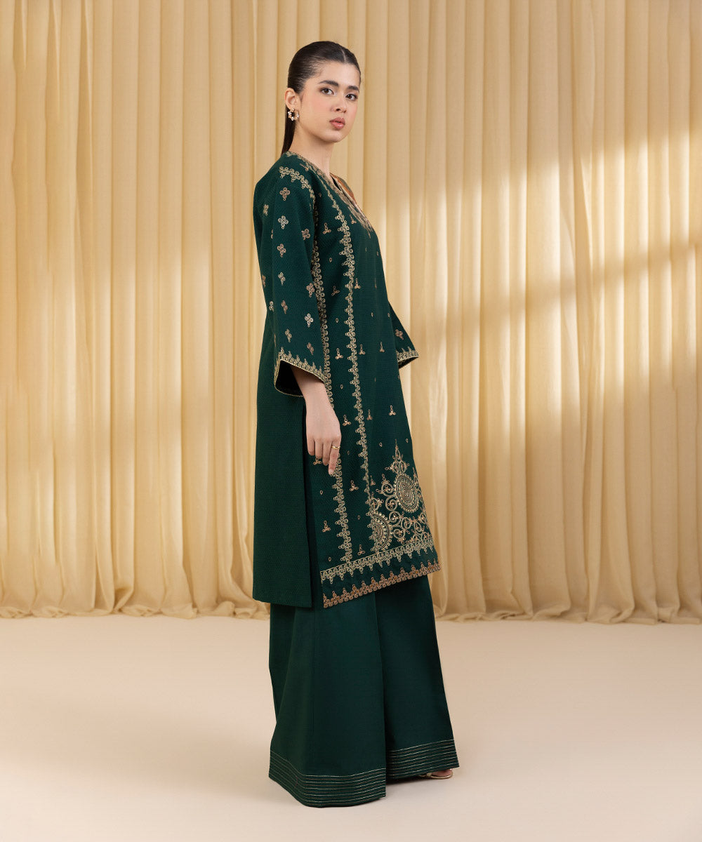 Unstitched Women's Green Dobby 3 Piece Suit