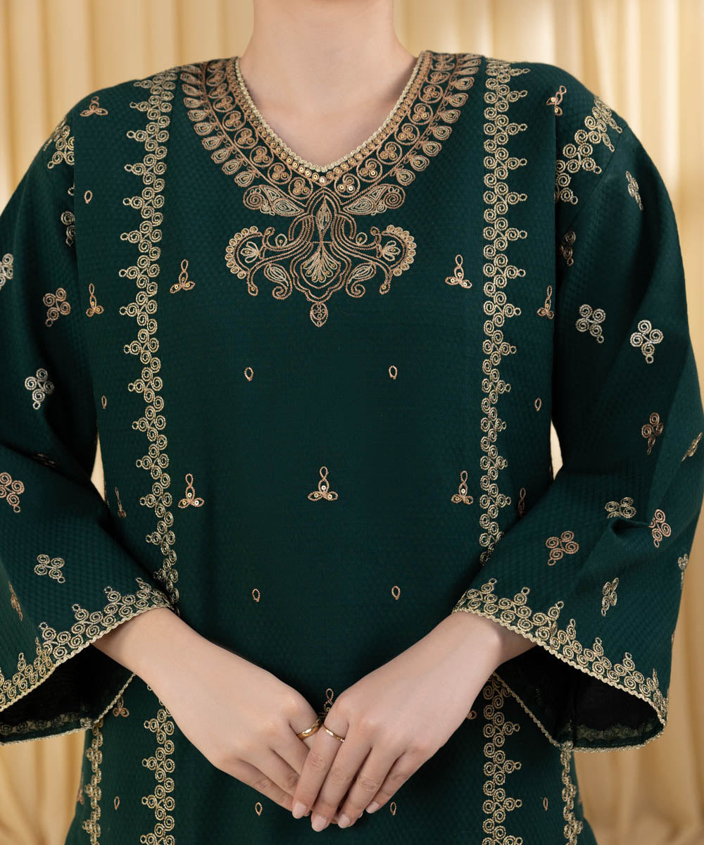 Unstitched Women's Green Dobby 3 Piece Suit