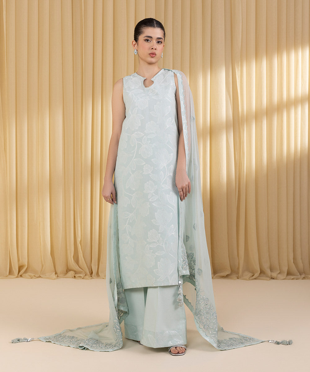 Unstitched Women's Blue Extra Weft Jacquard 3 Piece Suit