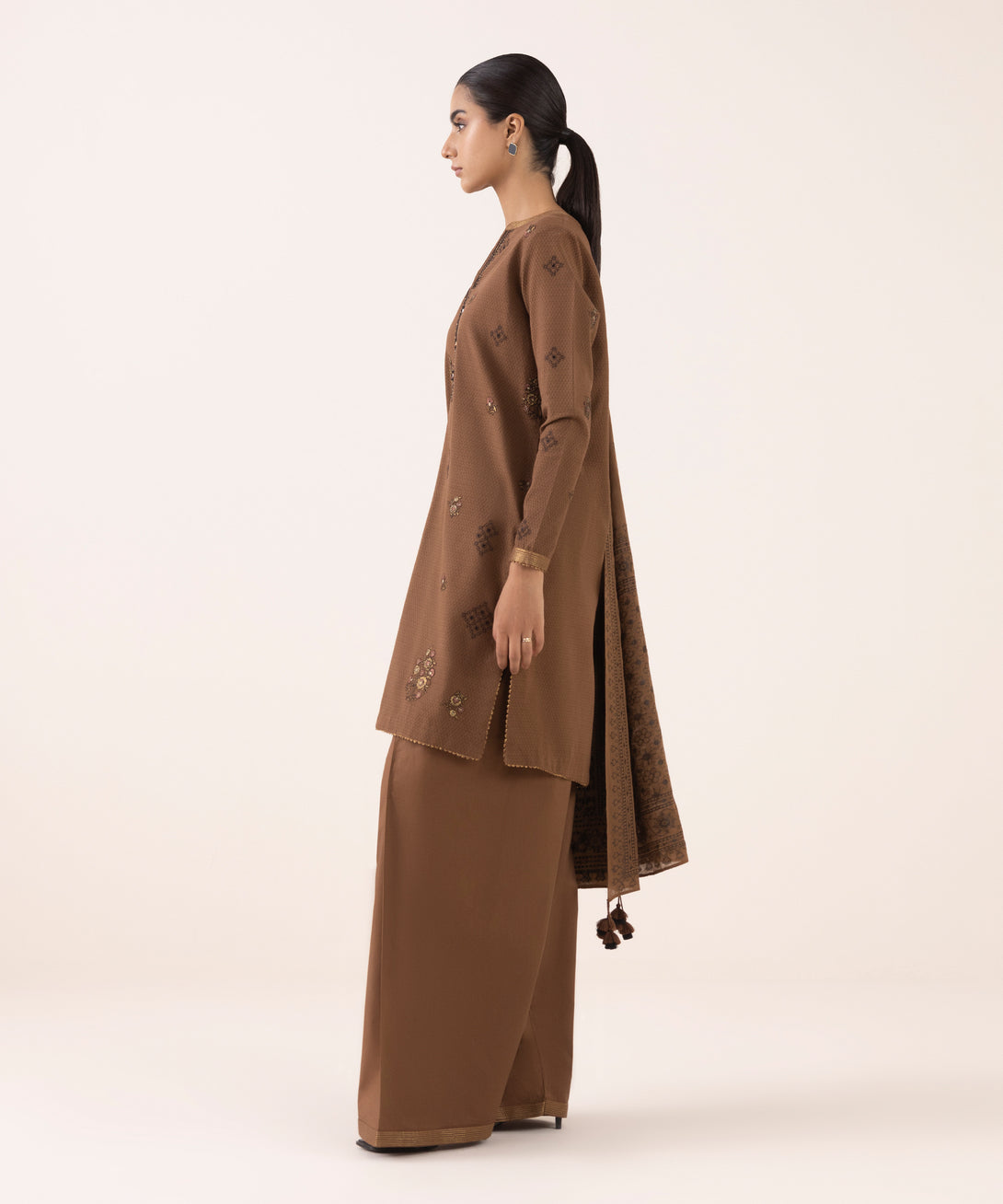 Women's Unstitched Dobby Embroidered Brown Three Piece Suit