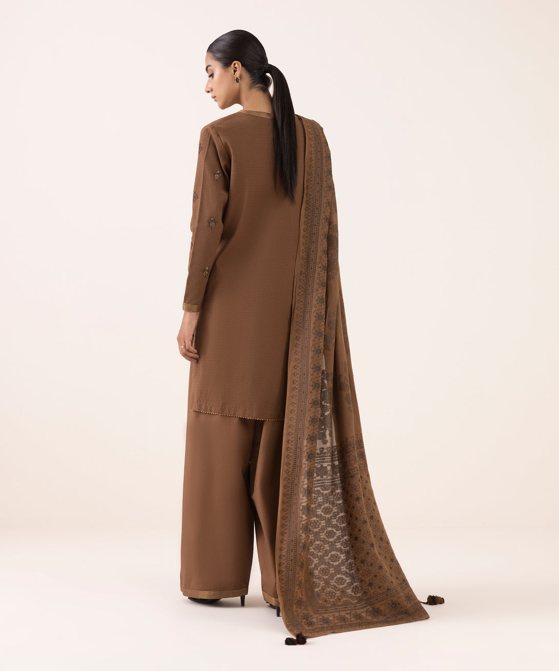 Women's Unstitched Dobby Embroidered Brown Three Piece Suit