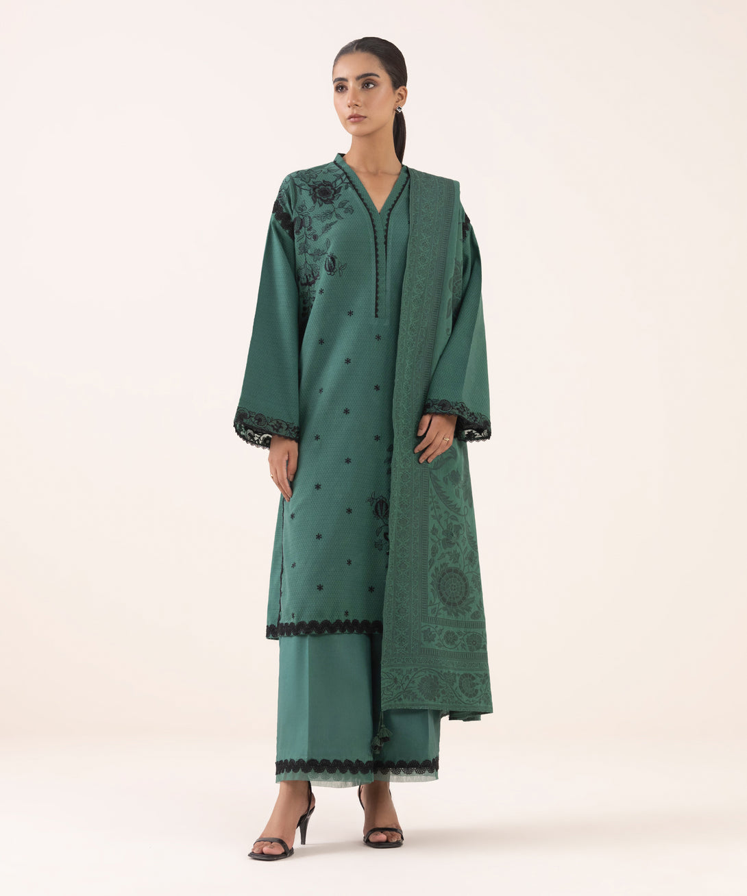 Women's Unstitched Dobby Embroidered Green Three Piece Suit