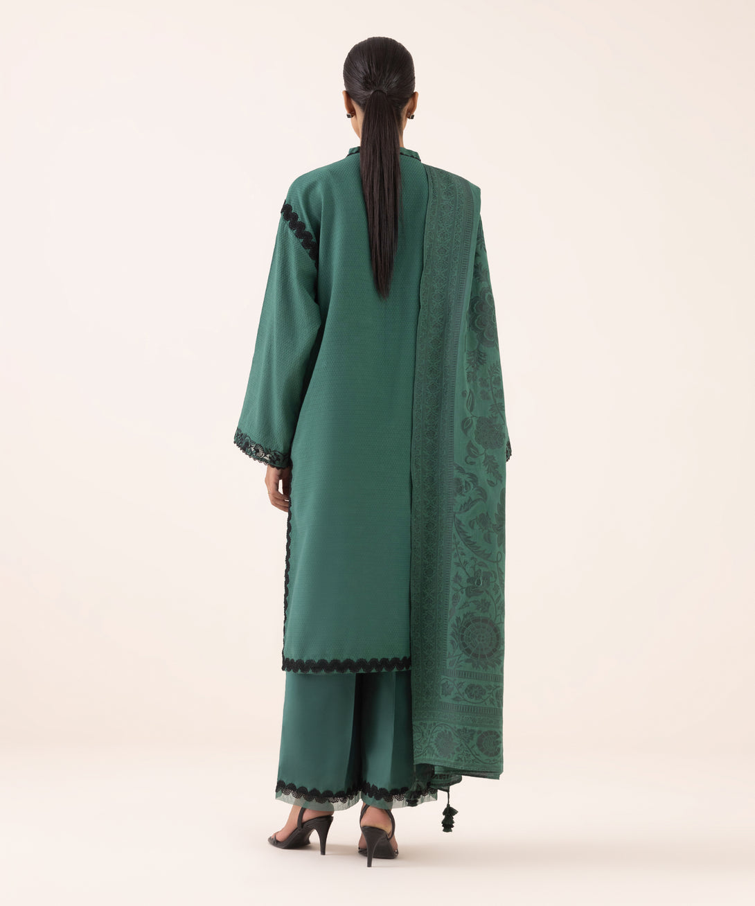 Women's Unstitched Dobby Embroidered Green Three Piece Suit