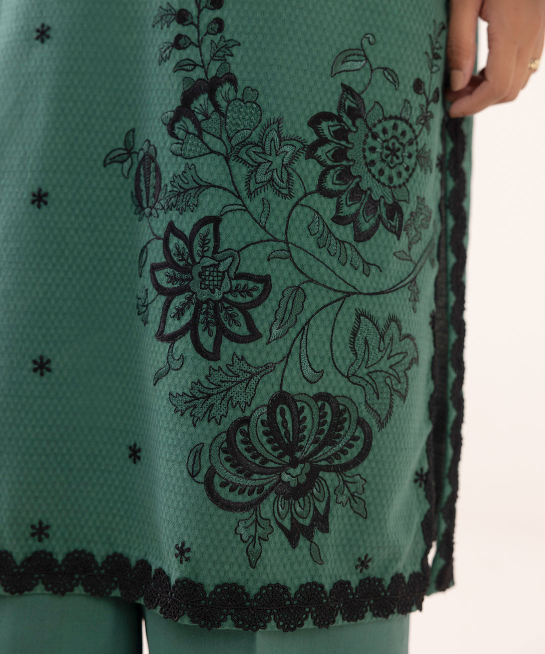 Women's Unstitched Dobby Embroidered Green Three Piece Suit