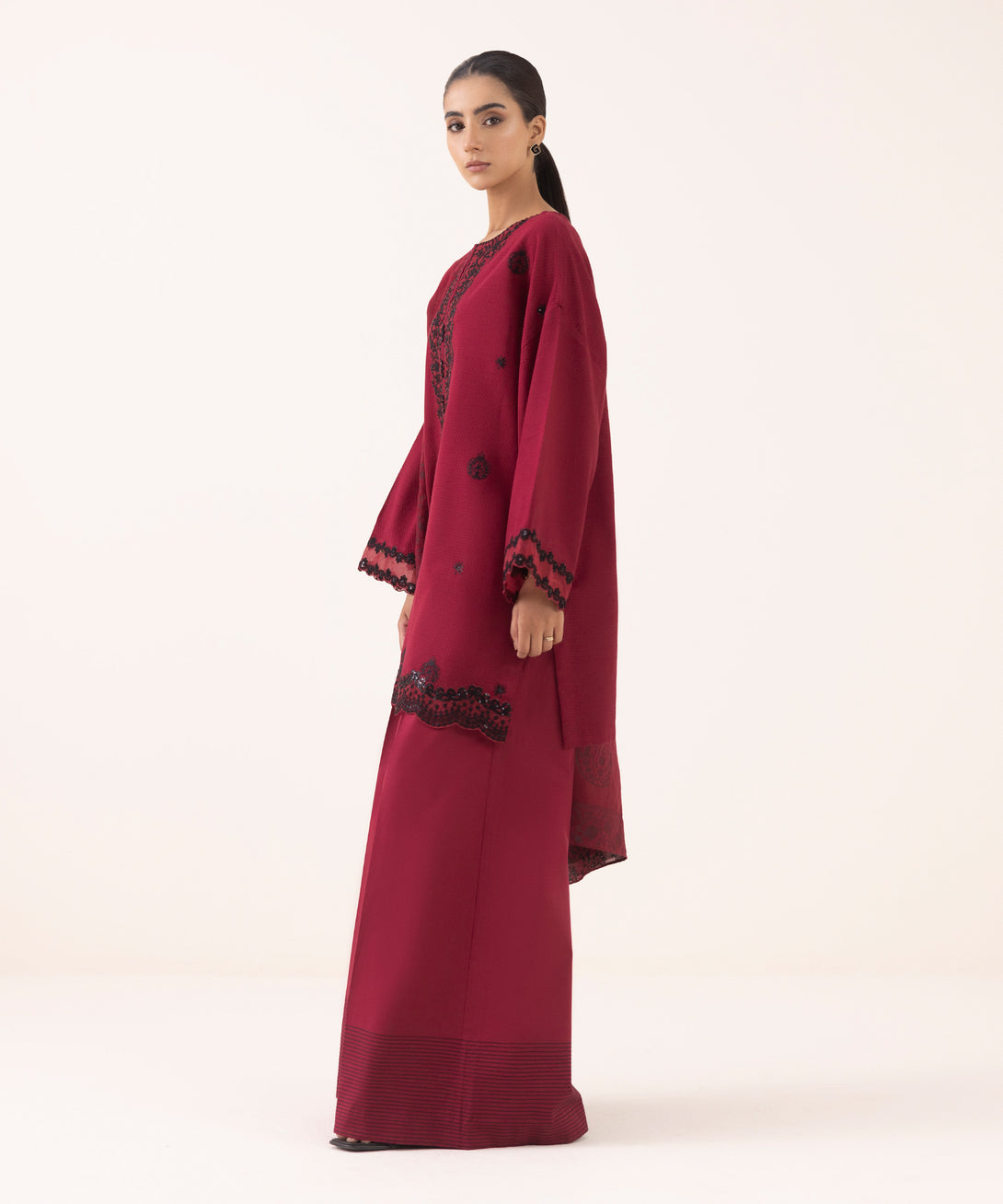Women's Unstitched Dobby Embroidered Maroon Three Piece Suit
