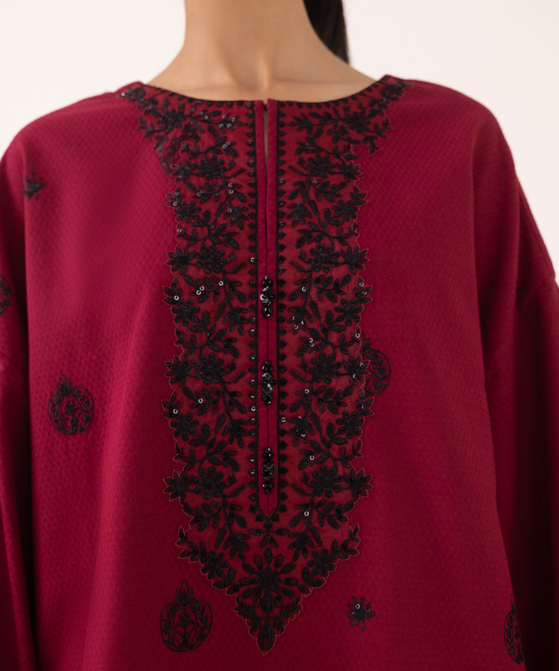 Women's Unstitched Dobby Embroidered Maroon Three Piece Suit
