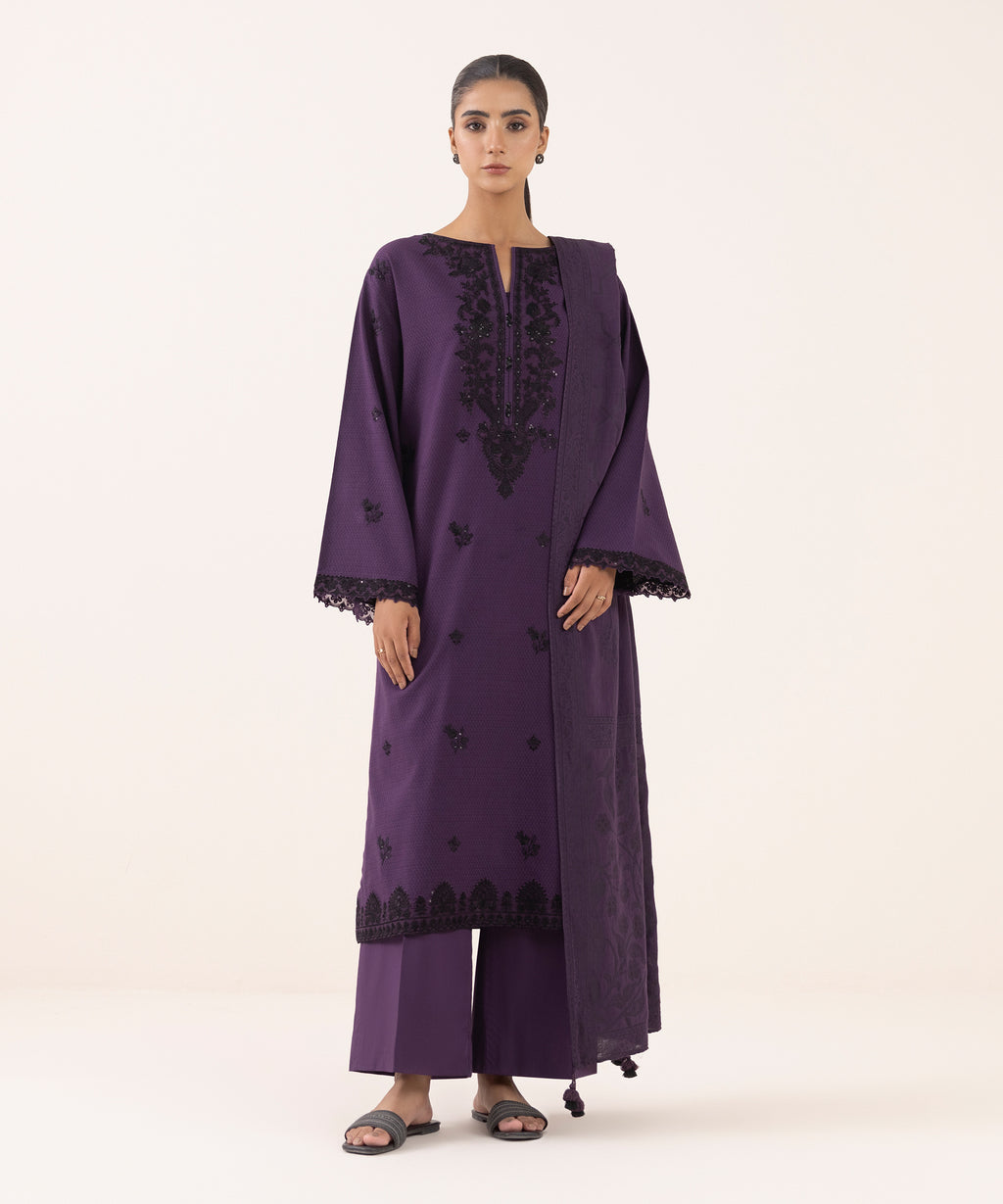 Women's Unstitched Dobby Embroidered Purple Three Piece Suit