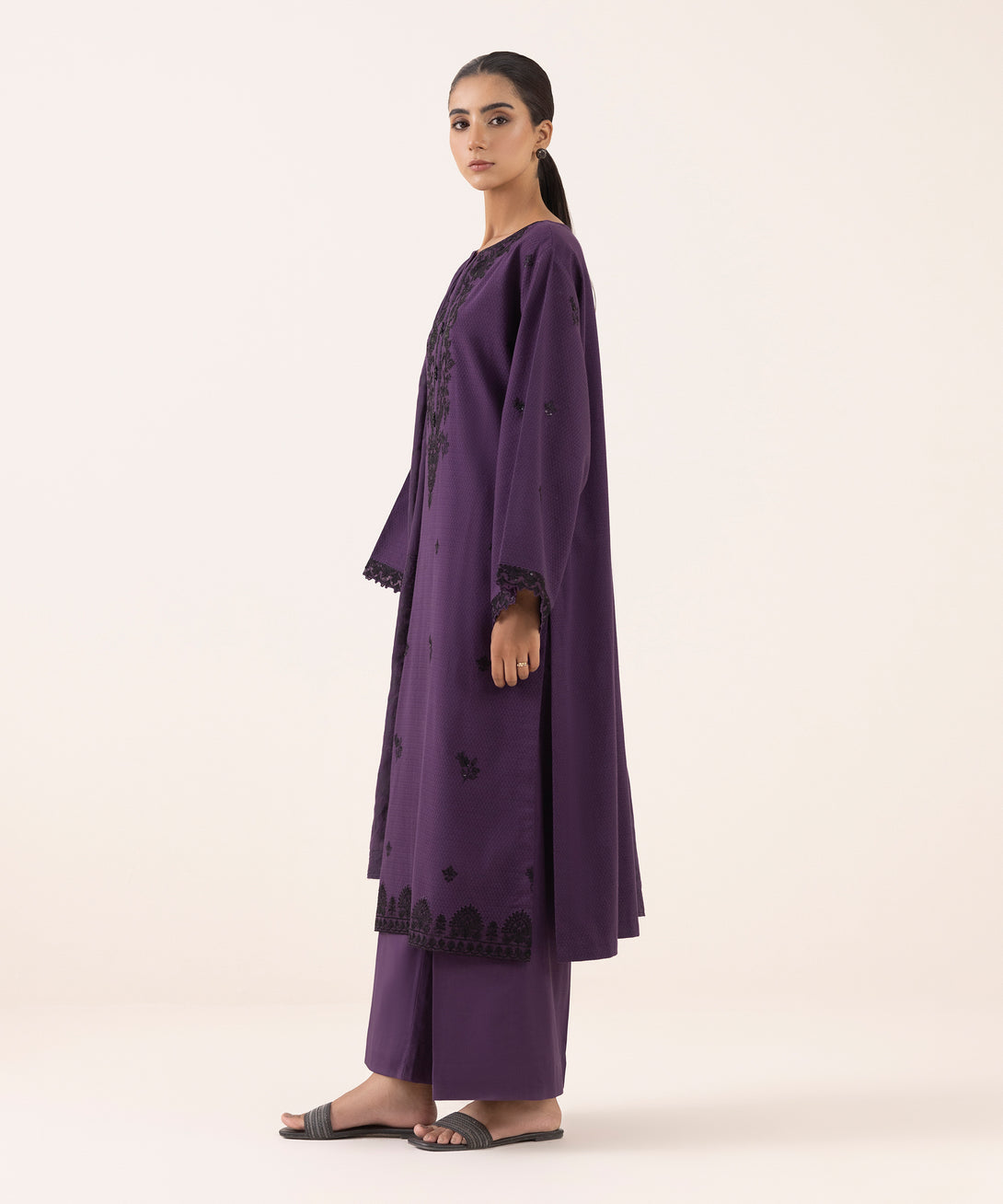 Women's Unstitched Dobby Embroidered Purple Three Piece Suit