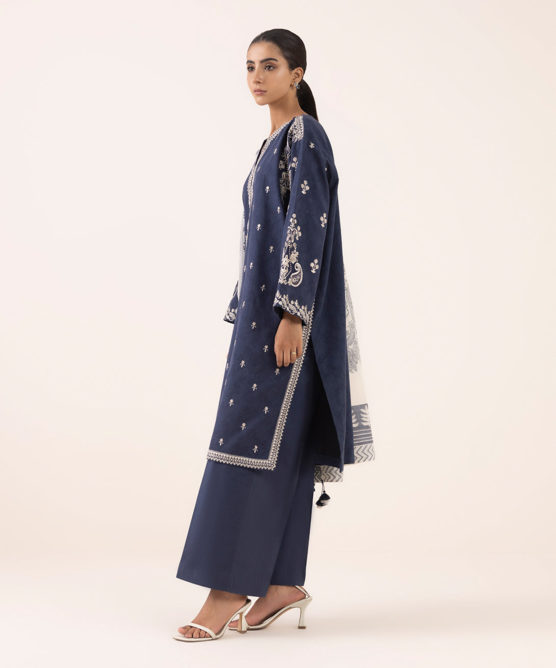 Women's Unstitched Jacquard Embroidered Blue Three Piece Suit