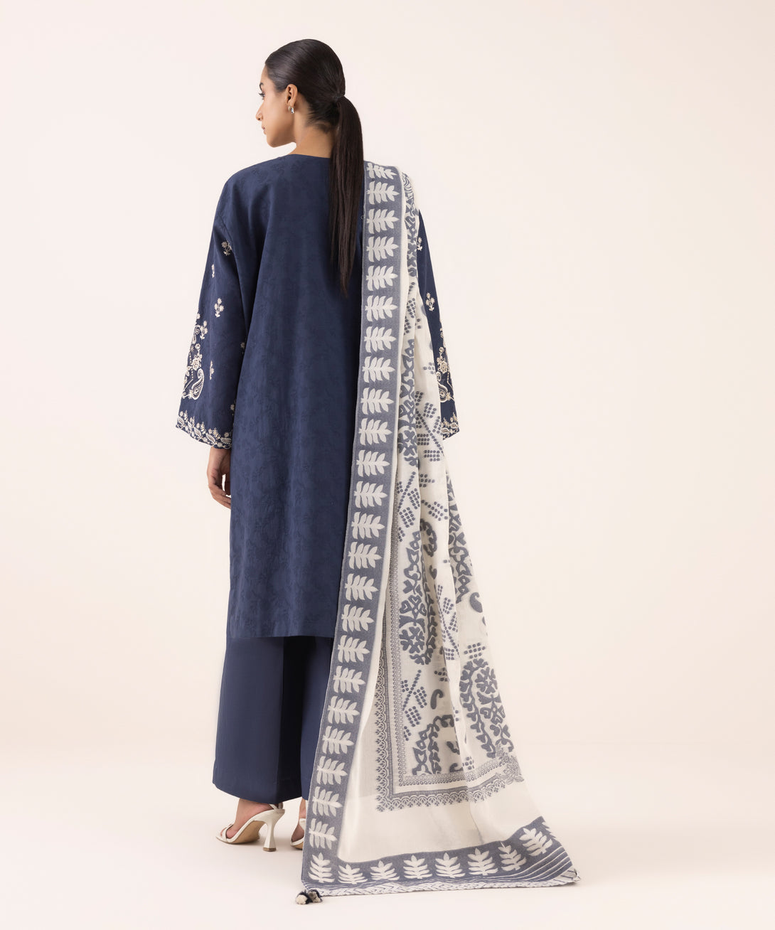 Women's Unstitched Jacquard Embroidered Blue Three Piece Suit