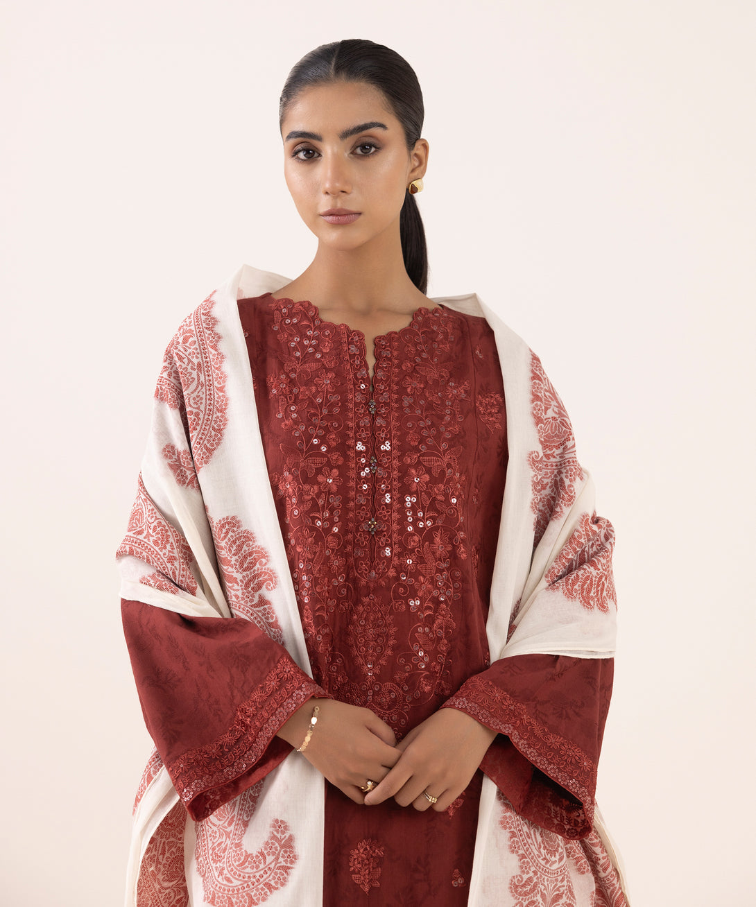 Women's Unstitched Jacquard Embroidered Maroon Three Piece Suit