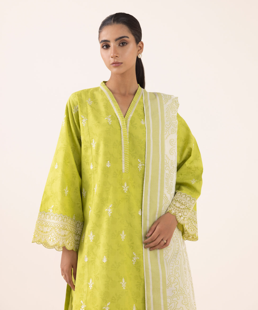 Women's Unstitched Jacquard Embroidered Green Three Piece Suit