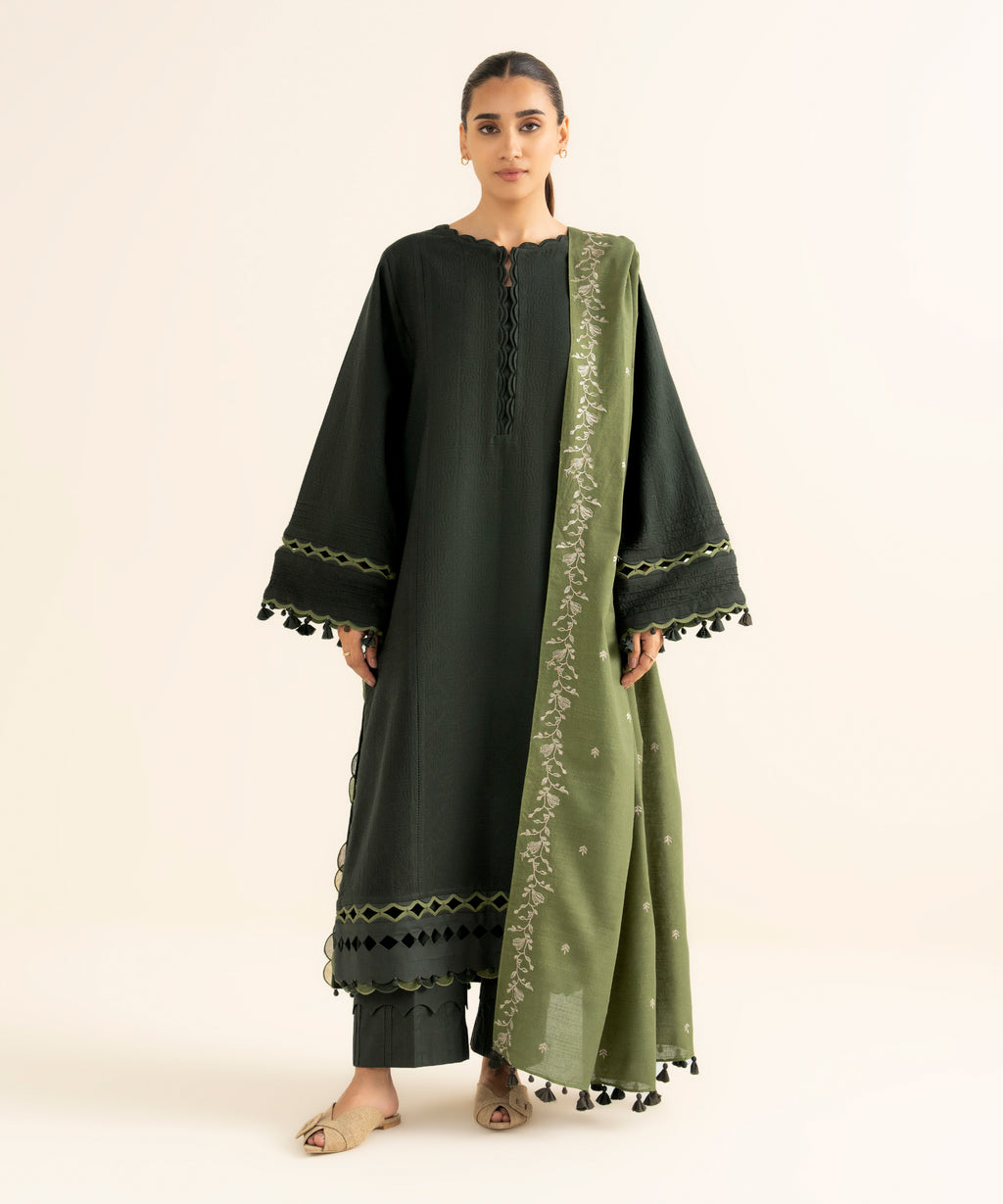3 Piece - Embroidered Cotton Jacquard Suit