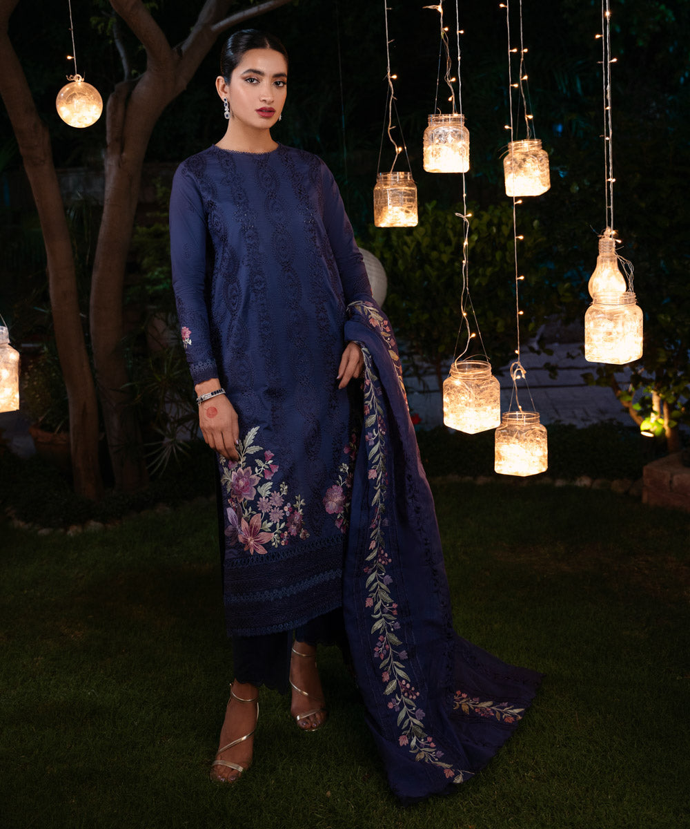 Women's Unstitched Lawn Embroidered Blue 3 Piece Suit