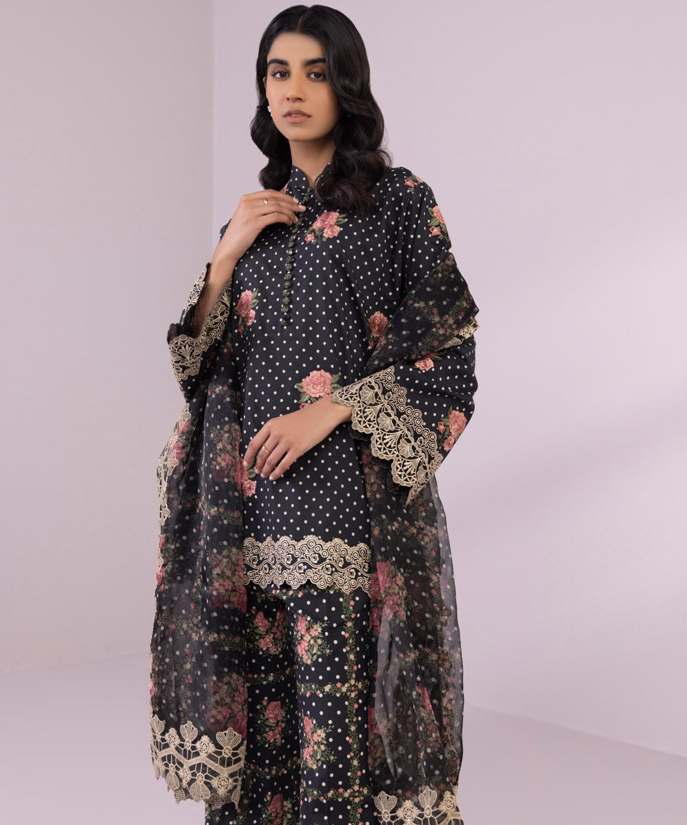 Women's Unstitched Lawn Embroidered Black 3 Piece Suit