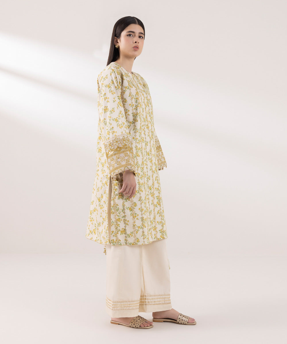 Women's Unstitched Fine Cotton Satin Embroidered Yellow 3 Piece Suit