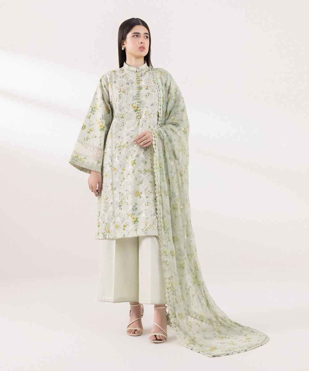 Women's Unstitched Fine Cotton Satin Embroidered Green 3 Piece Suit