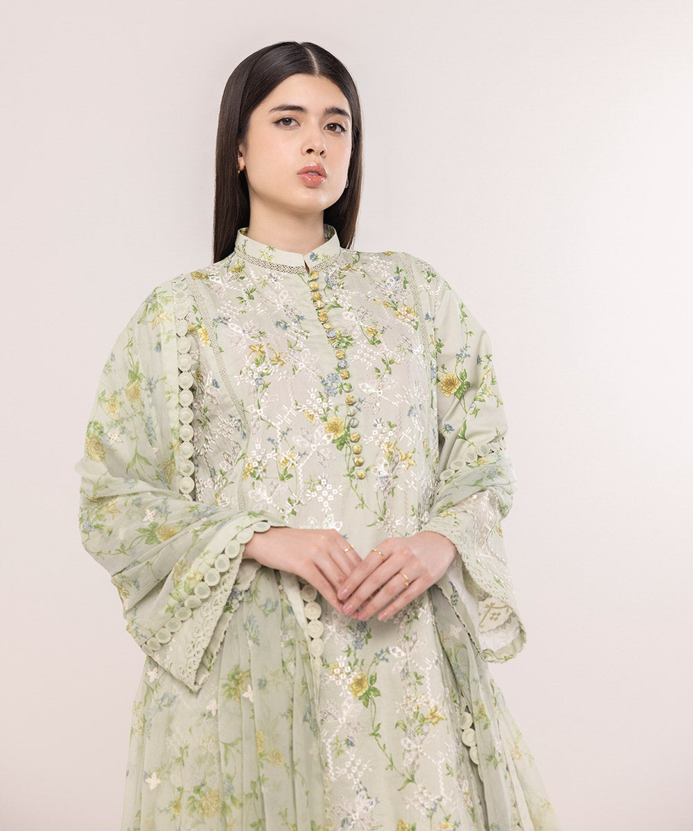 Women's Unstitched Fine Cotton Satin Embroidered Green 3 Piece Suit