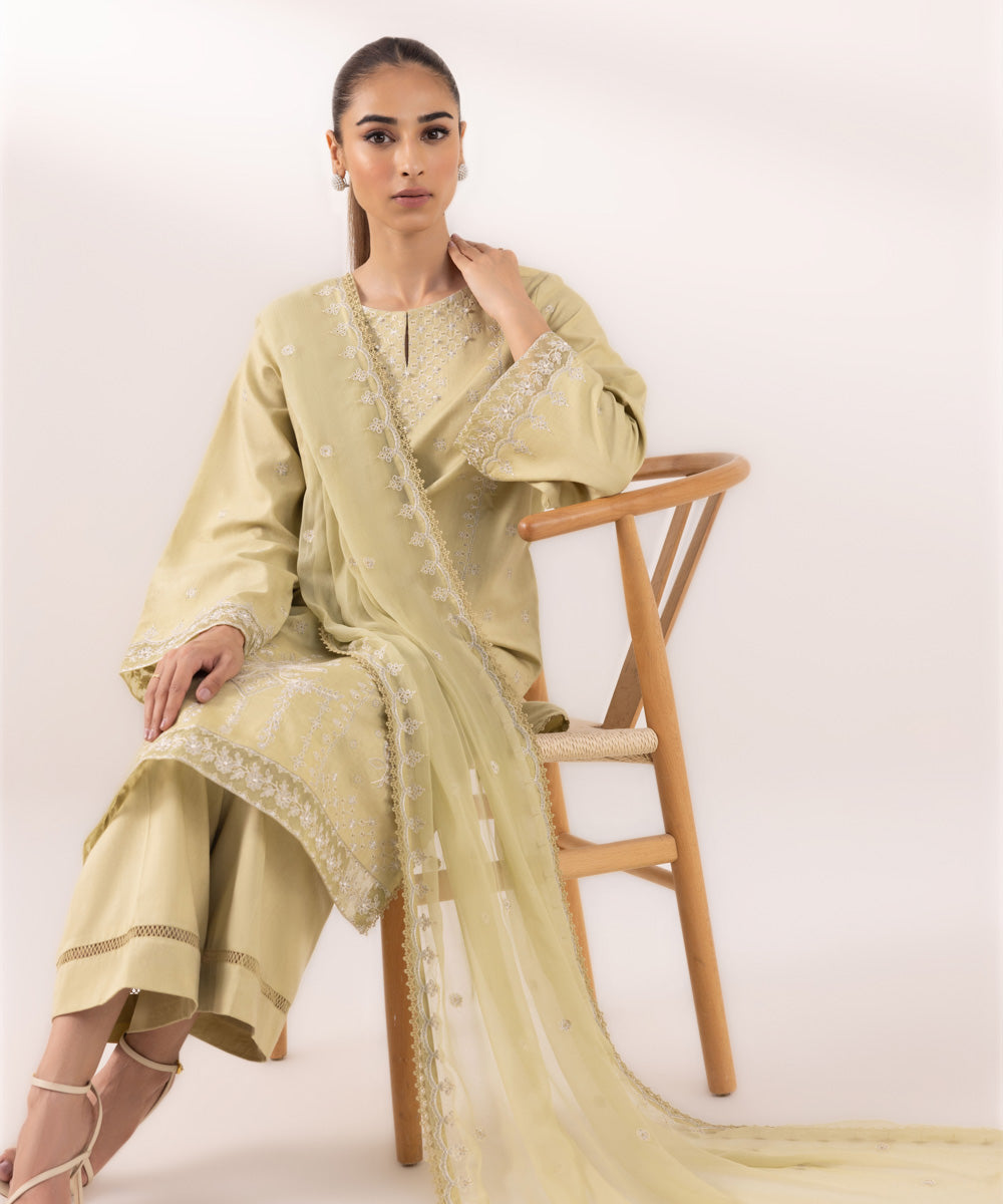 Women's Unstitched Fine Cotton Satin Embroidered Yellow 3 Piece Suit