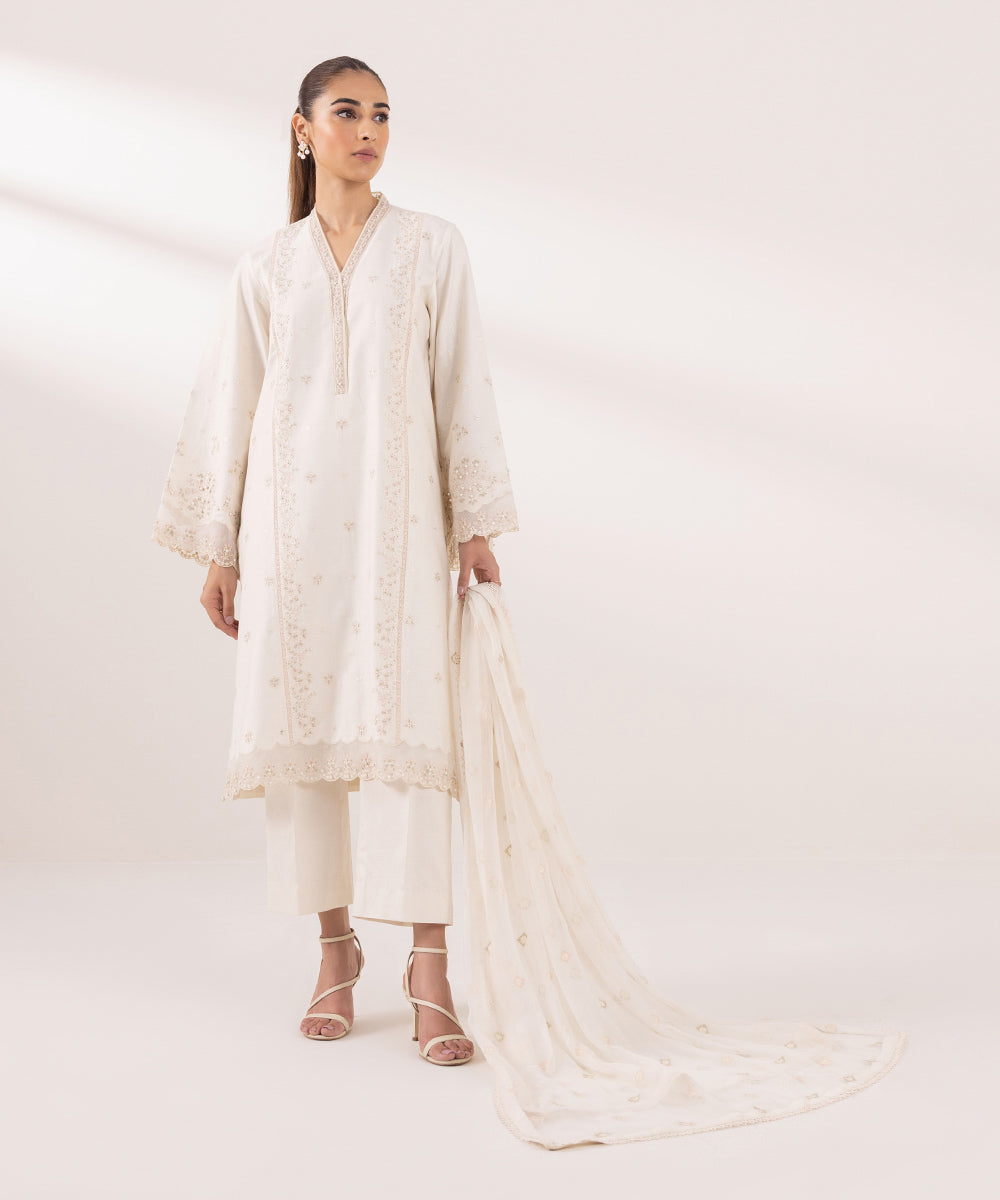 Women's Unstitched Fine Cotton Satin Embroidered Off White 3 Piece Suit