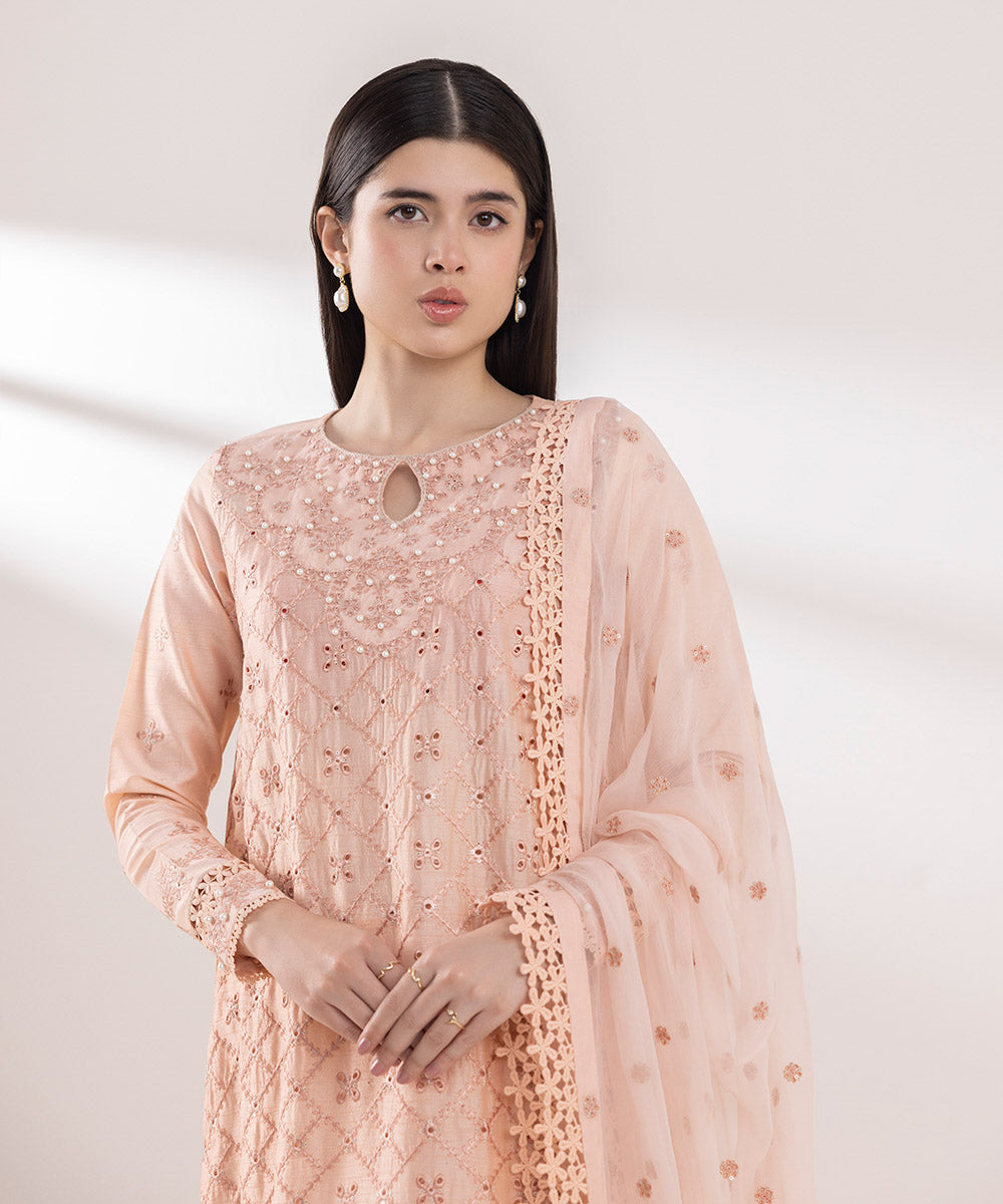 Women's Unstitched PK Raw Silk Embroidered Pink 3 Piece Suit