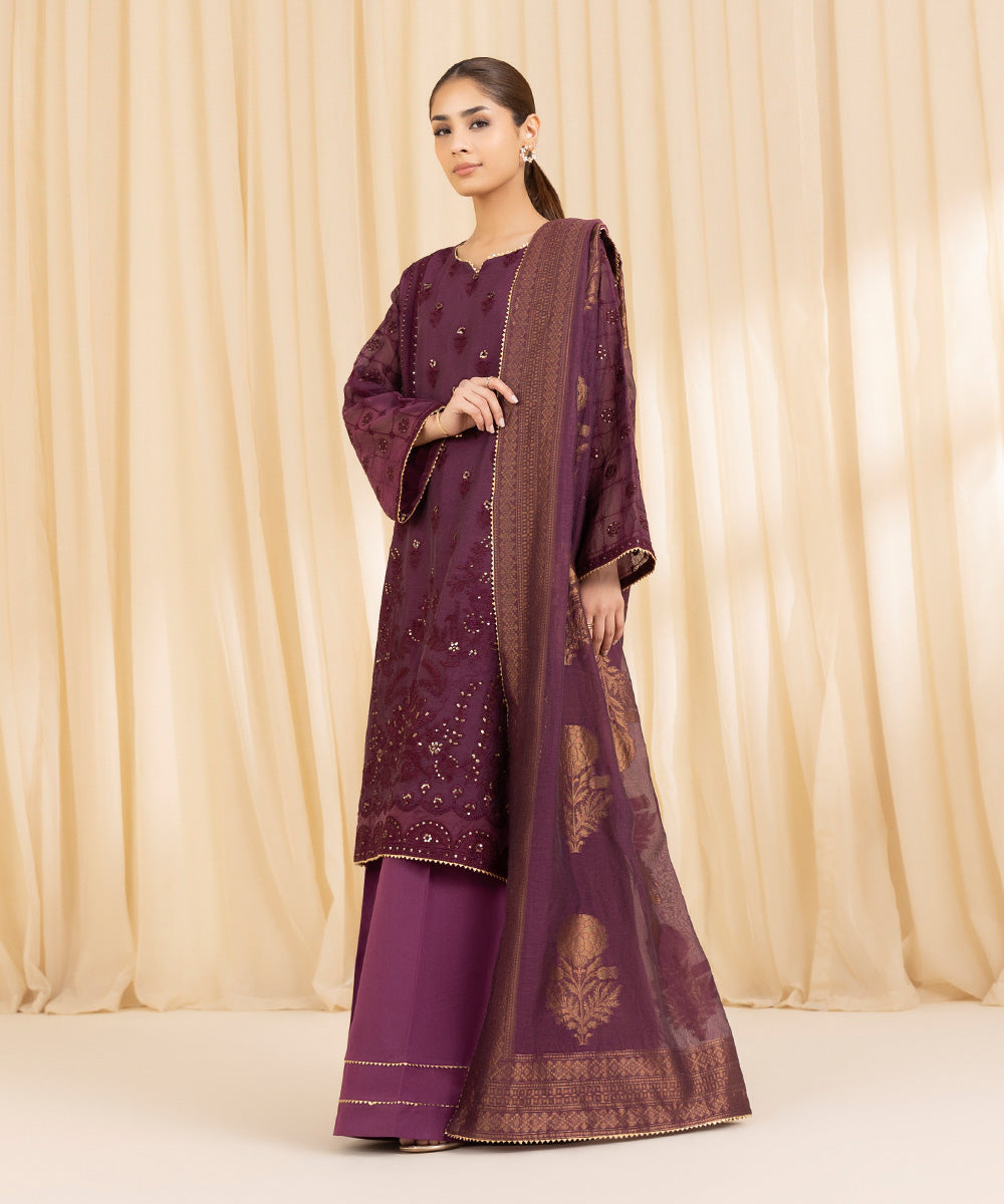 Women's Unstitched Muslin Embroidered Purple 3 Piece Suit