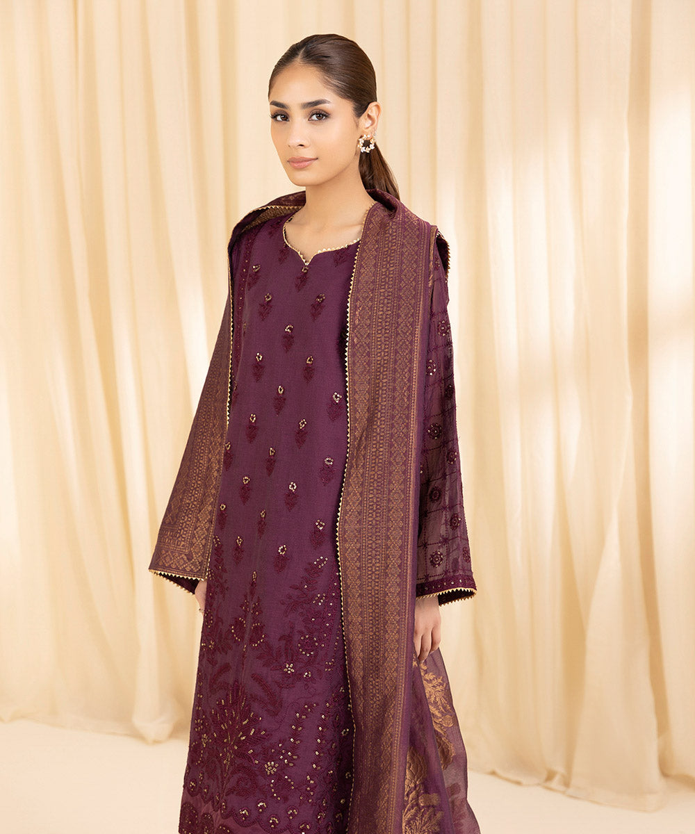 Women's Unstitched Muslin Embroidered Purple 3 Piece Suit