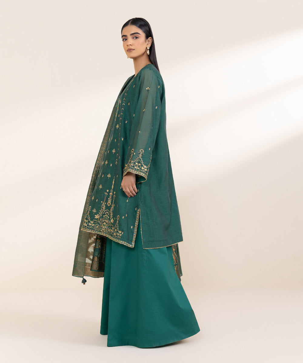 Women's Unstitched Muslin Embroidered Green 3 Piece Suit