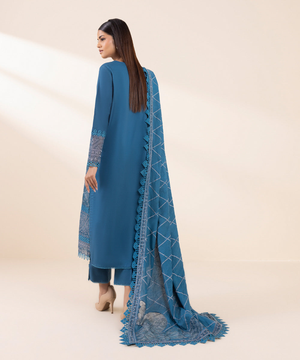 Women's Unstitched Fine Cotton Satin Embroidered Blue 3 Piece Suit