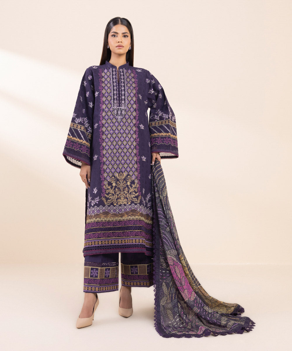 Women's Unstitched Cotton Jacquard Embroidered Purple 3 Piece Suit