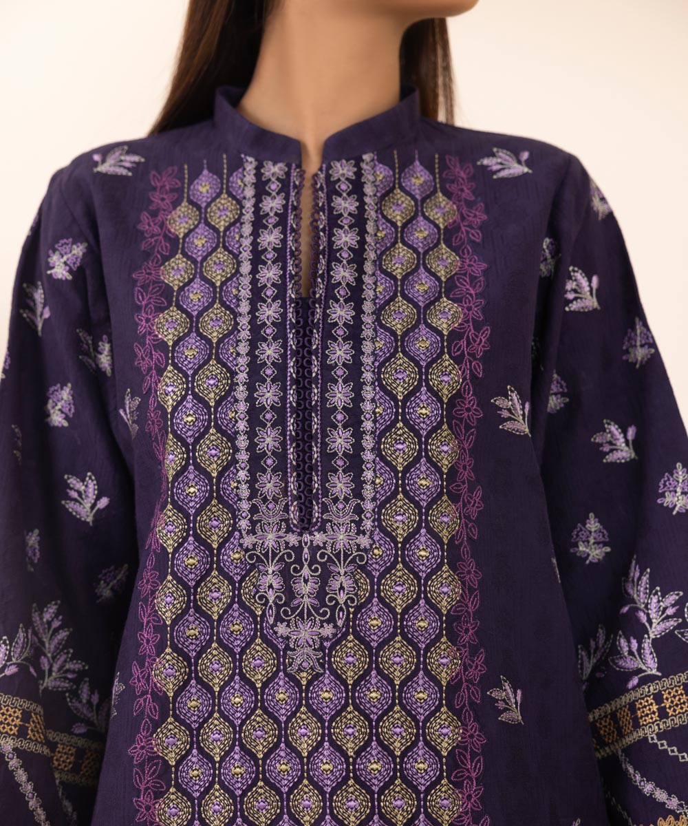 Women's Unstitched Cotton Jacquard Embroidered Purple 3 Piece Suit