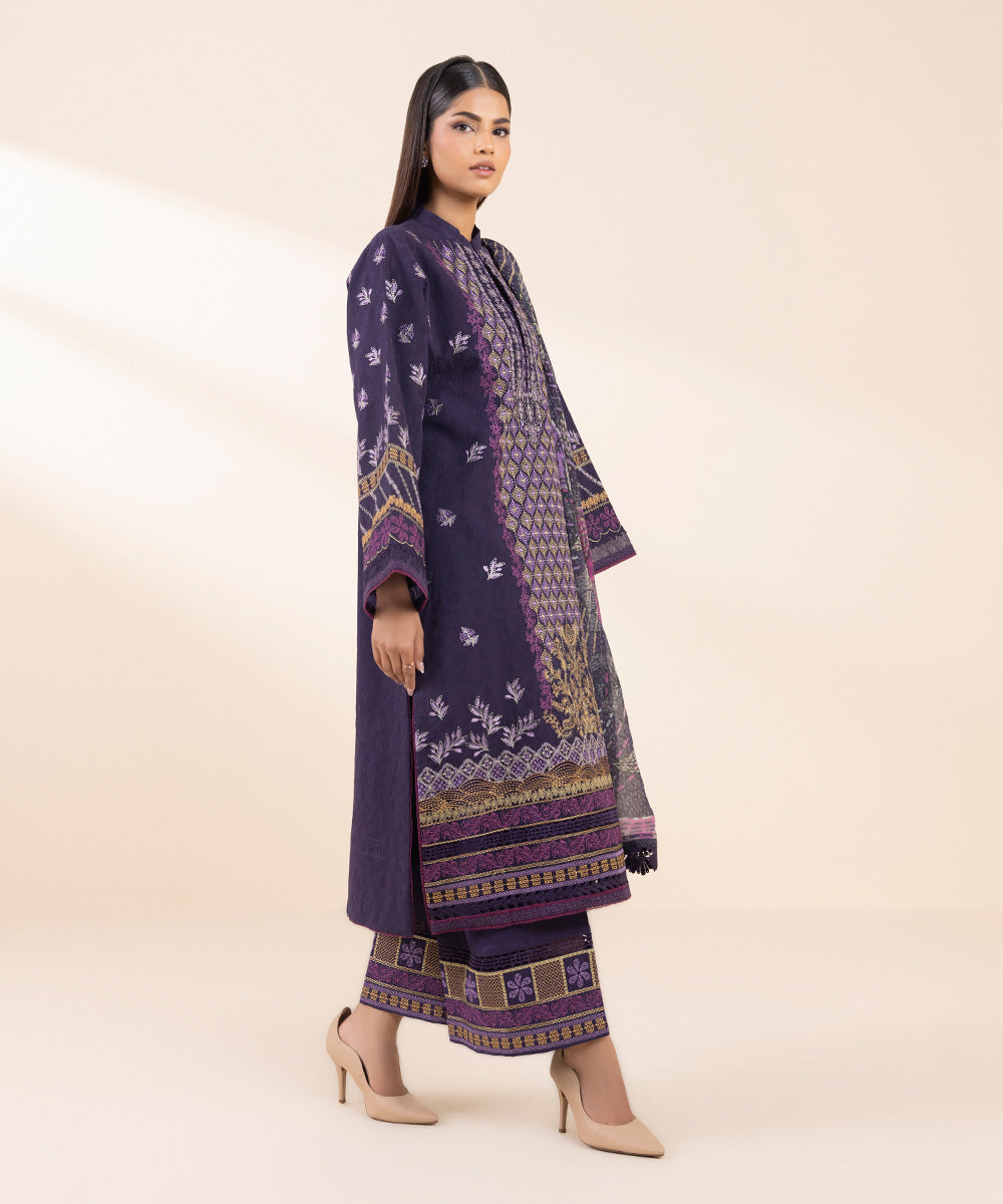 Women's Unstitched Cotton Jacquard Embroidered Purple 3 Piece Suit