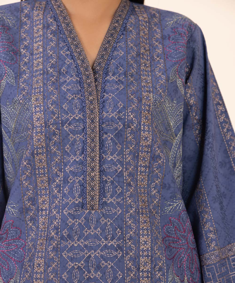 Women's Unstitched Cotton Jacquard Embroidered Blue 3 Piece Suit