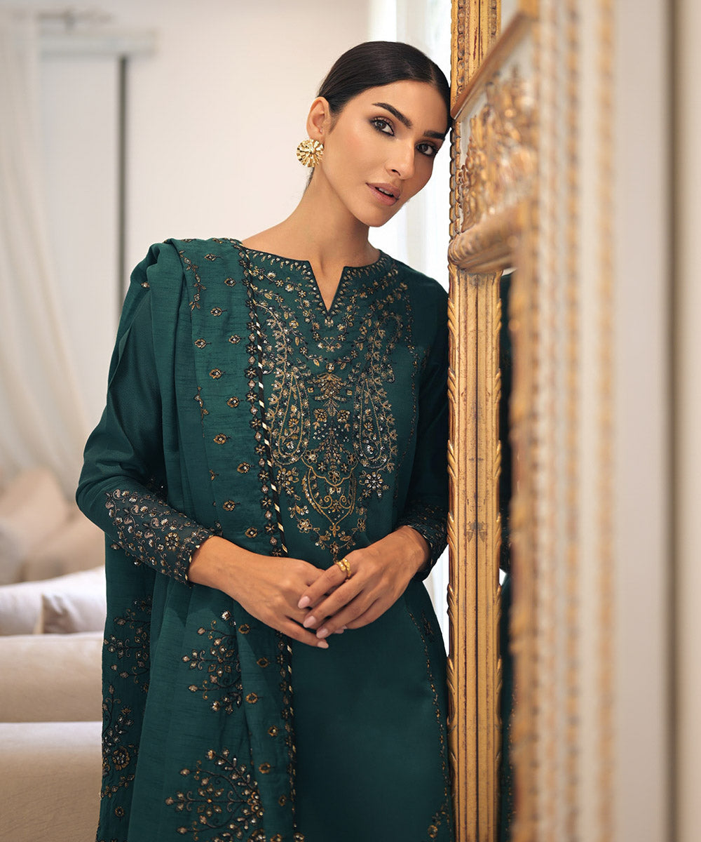 Women's Unstitched Silk Cotton Net Embroidered Green 3 Piece Suit