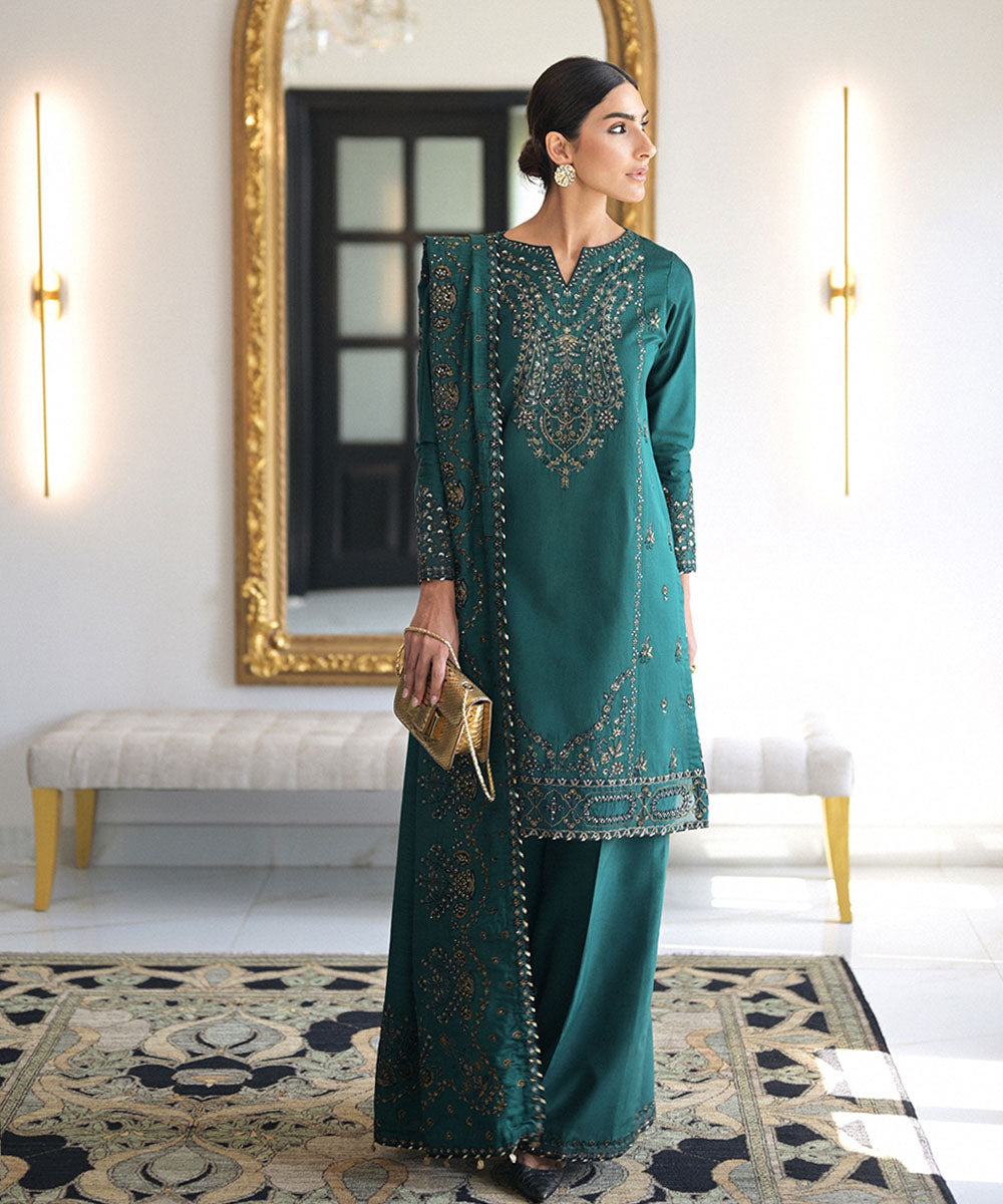 Women's Unstitched Silk Cotton Net Embroidered Green 3 Piece Suit