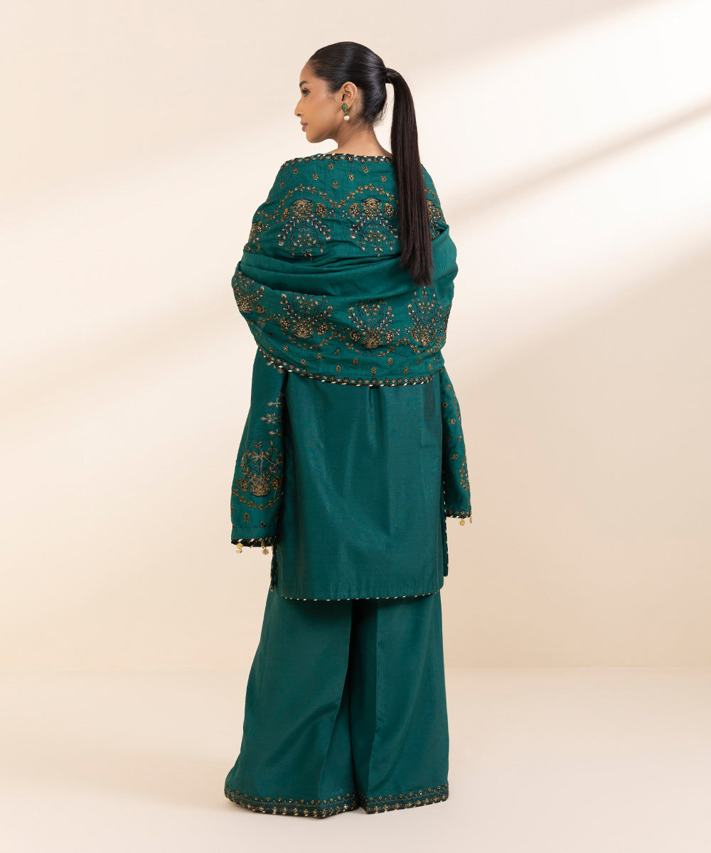 Women's Unstitched Silk Cotton Net Embroidered Green 3 Piece Suit