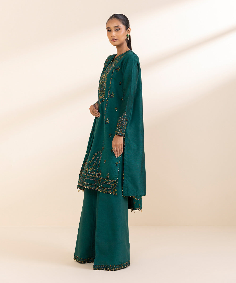 Women's Unstitched Silk Cotton Net Embroidered Green 3 Piece Suit