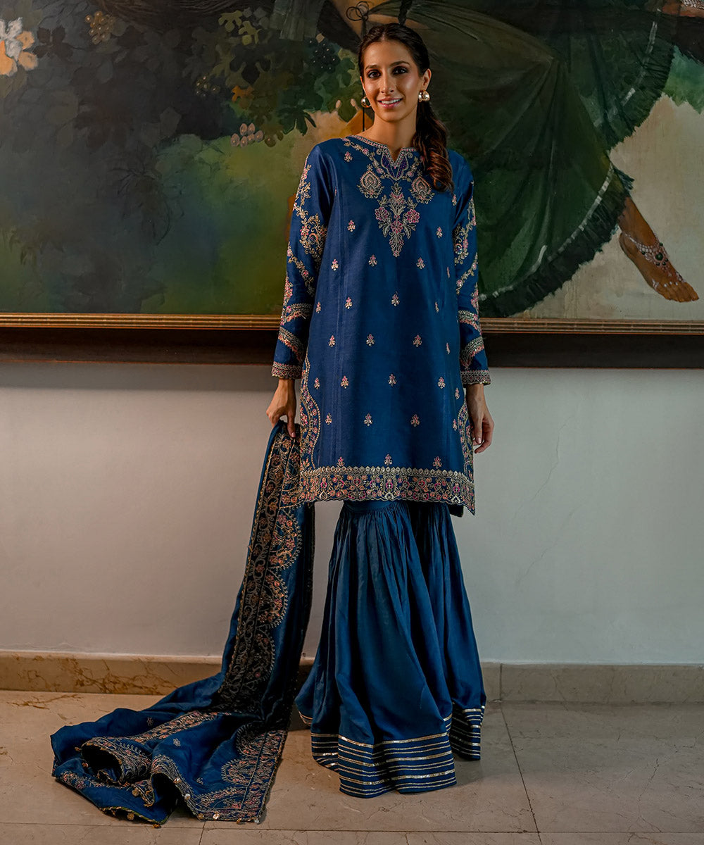 Women's Unstitched Silk Cotton Net Embroidered Blue 3 Piece Suit