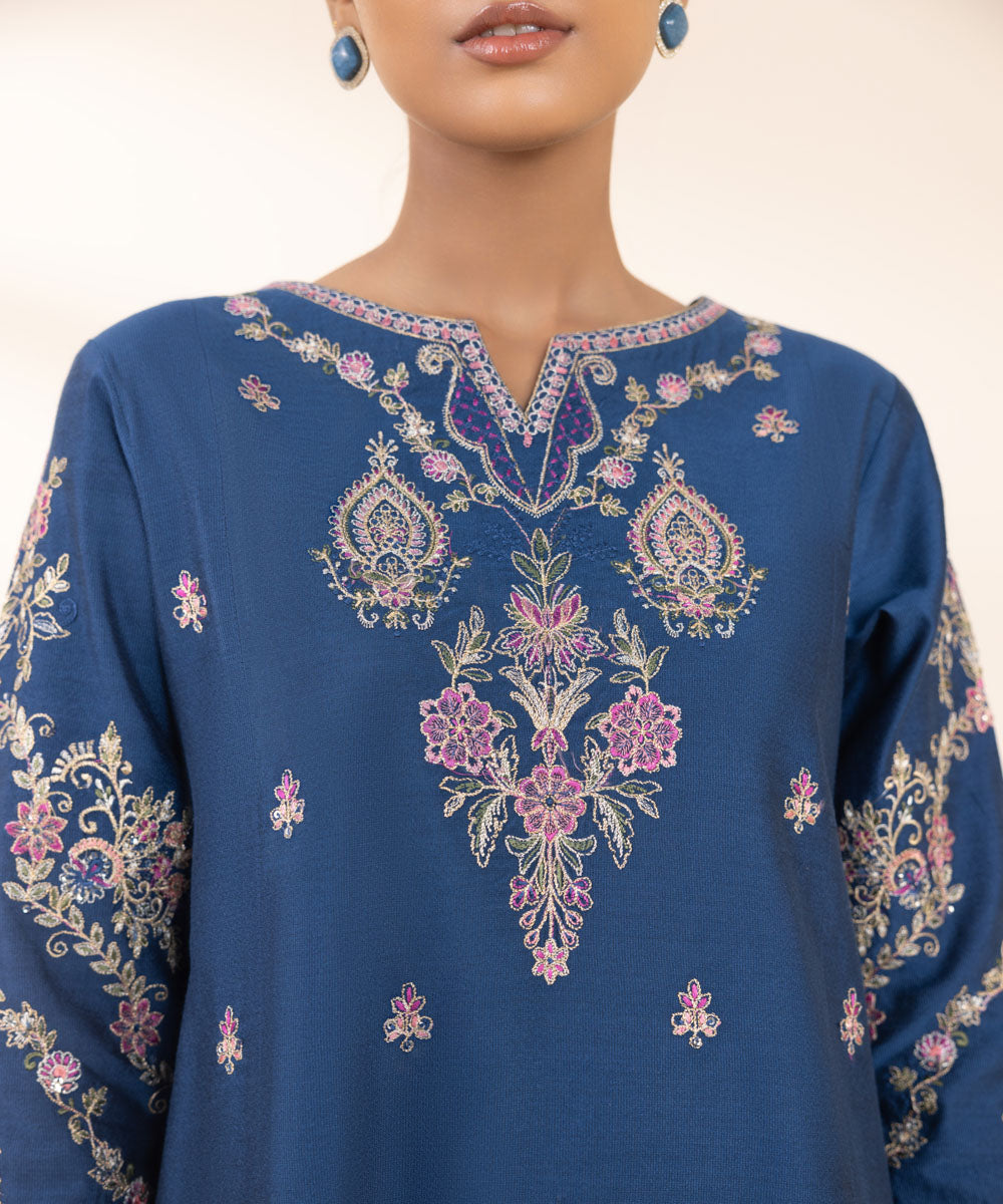 Women's Unstitched Silk Cotton Net Embroidered Blue 3 Piece Suit