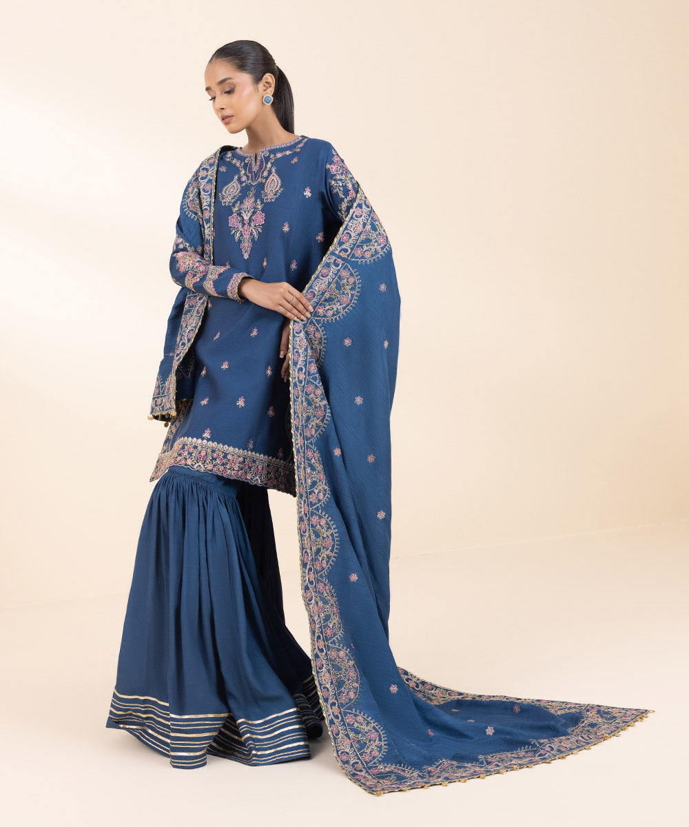 Women's Unstitched Silk Cotton Net Embroidered Blue 3 Piece Suit