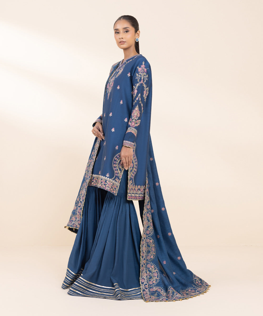 Women's Unstitched Silk Cotton Net Embroidered Blue 3 Piece Suit