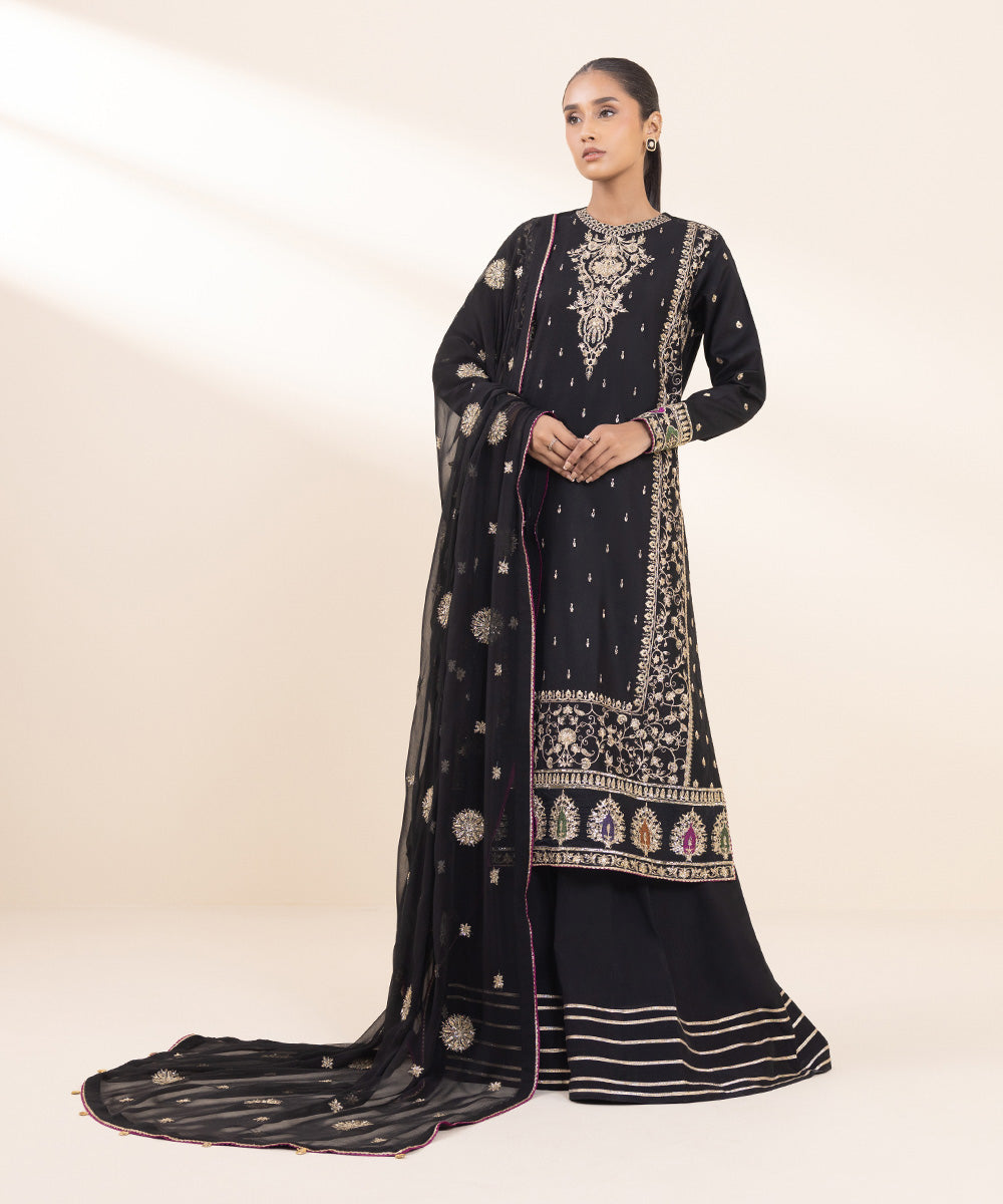 Women's Unstitched Silk Cotton Net Embroidered Black 3 Piece Suit