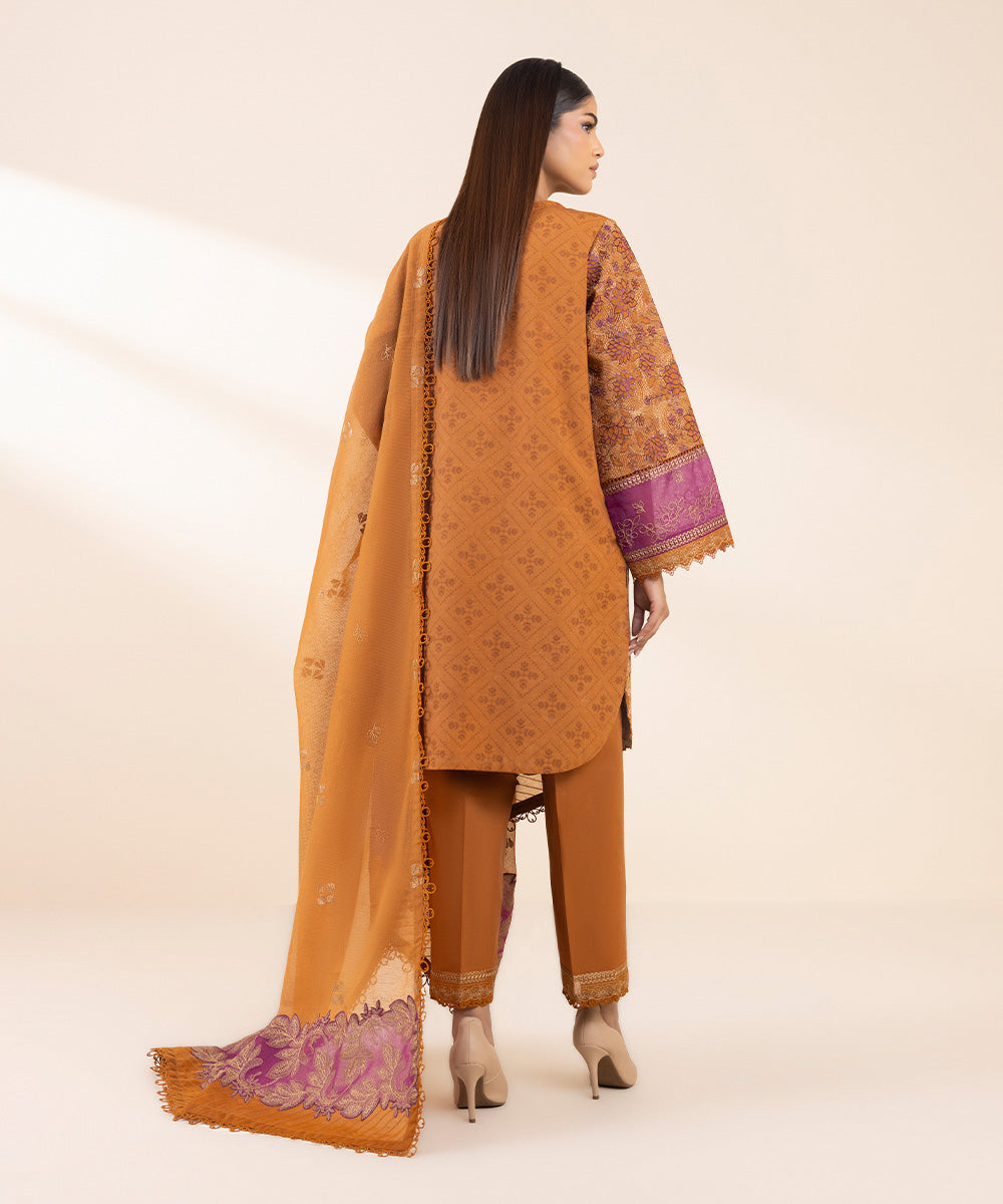 Women's Unstitched Cotton Jacquard Embroidered Orange 3 Piece Suit