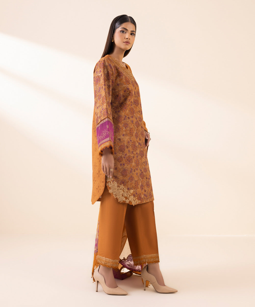 Women's Unstitched Cotton Jacquard Embroidered Orange 3 Piece Suit